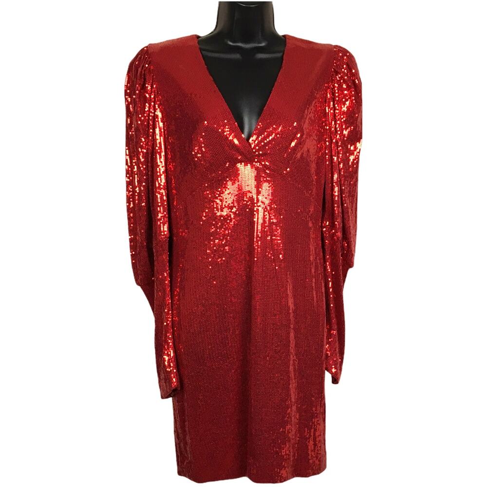 Nicole Miller Dress V-Neck Long‎ Sleeve Sequin Evening Gown Formal Holiday Party